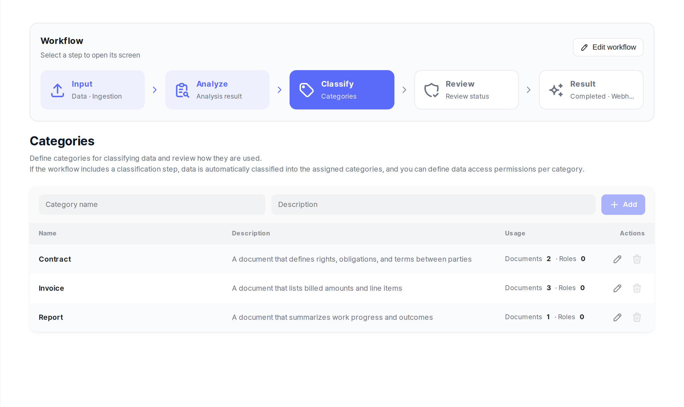 Categories screen