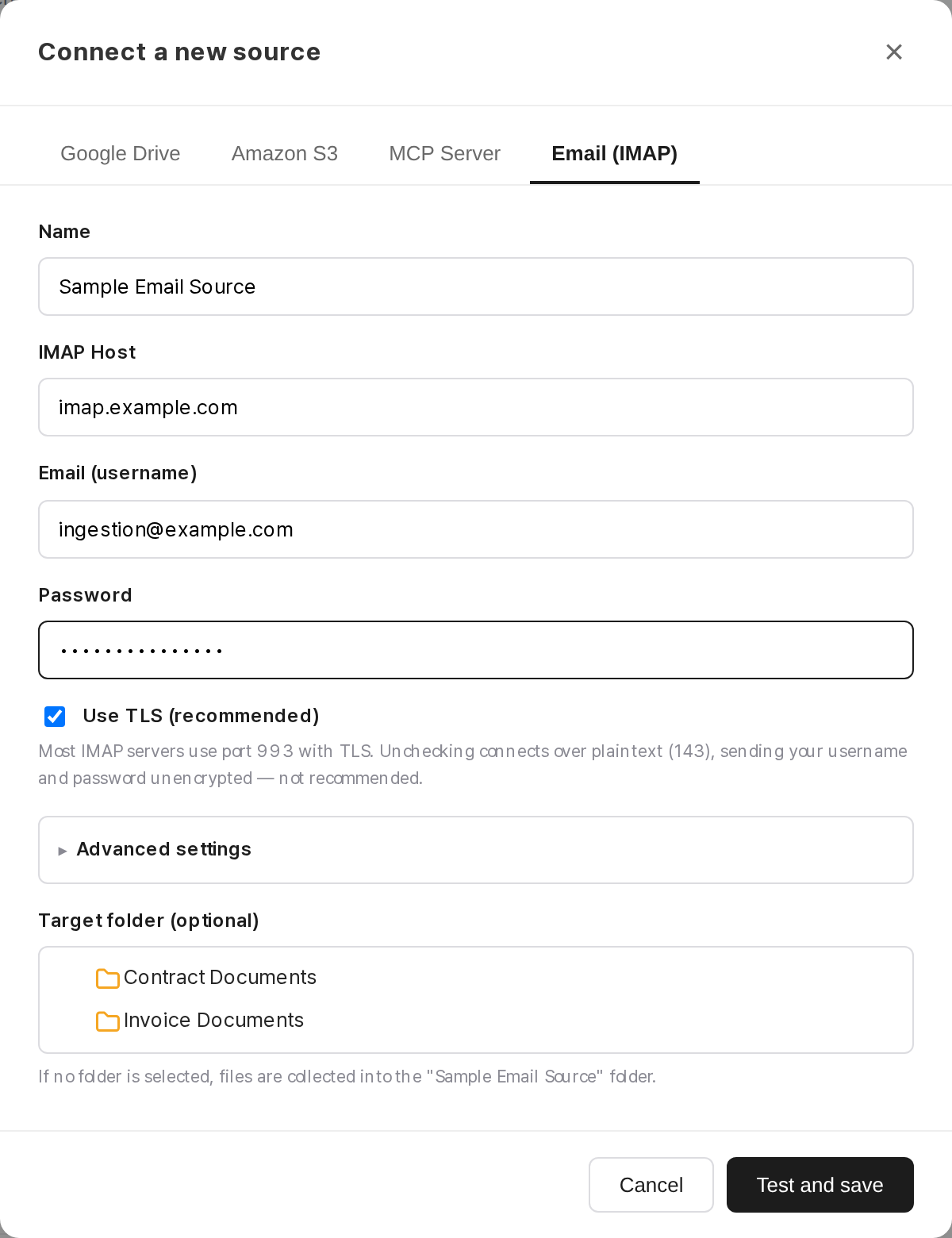 Email (IMAP) source connection dialog