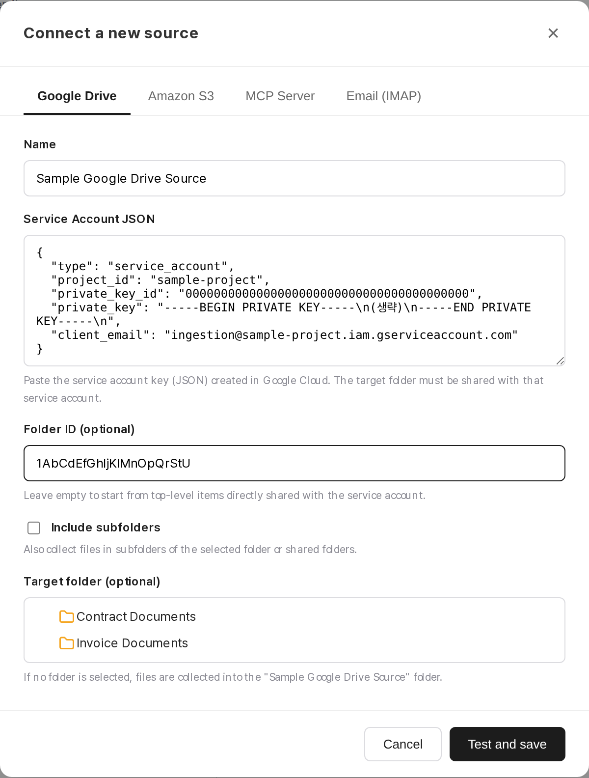 Google Drive source connection dialog