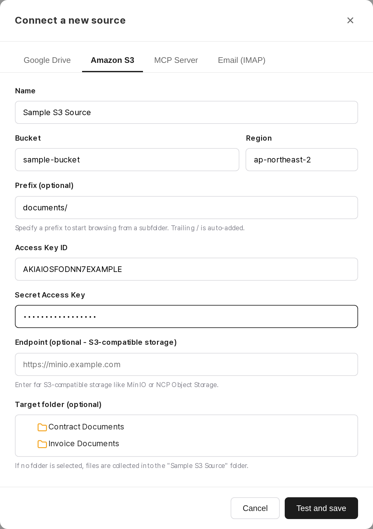 S3 source connection dialog